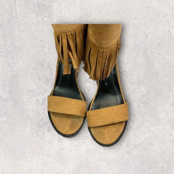 Wild Diva Vive68 fringe ankle cuff high heel platforms Chestnut (Beige) Size 10 - Picture 6 of 8